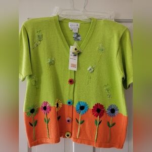 Floral Embroidered Cardigan - Green and Orange